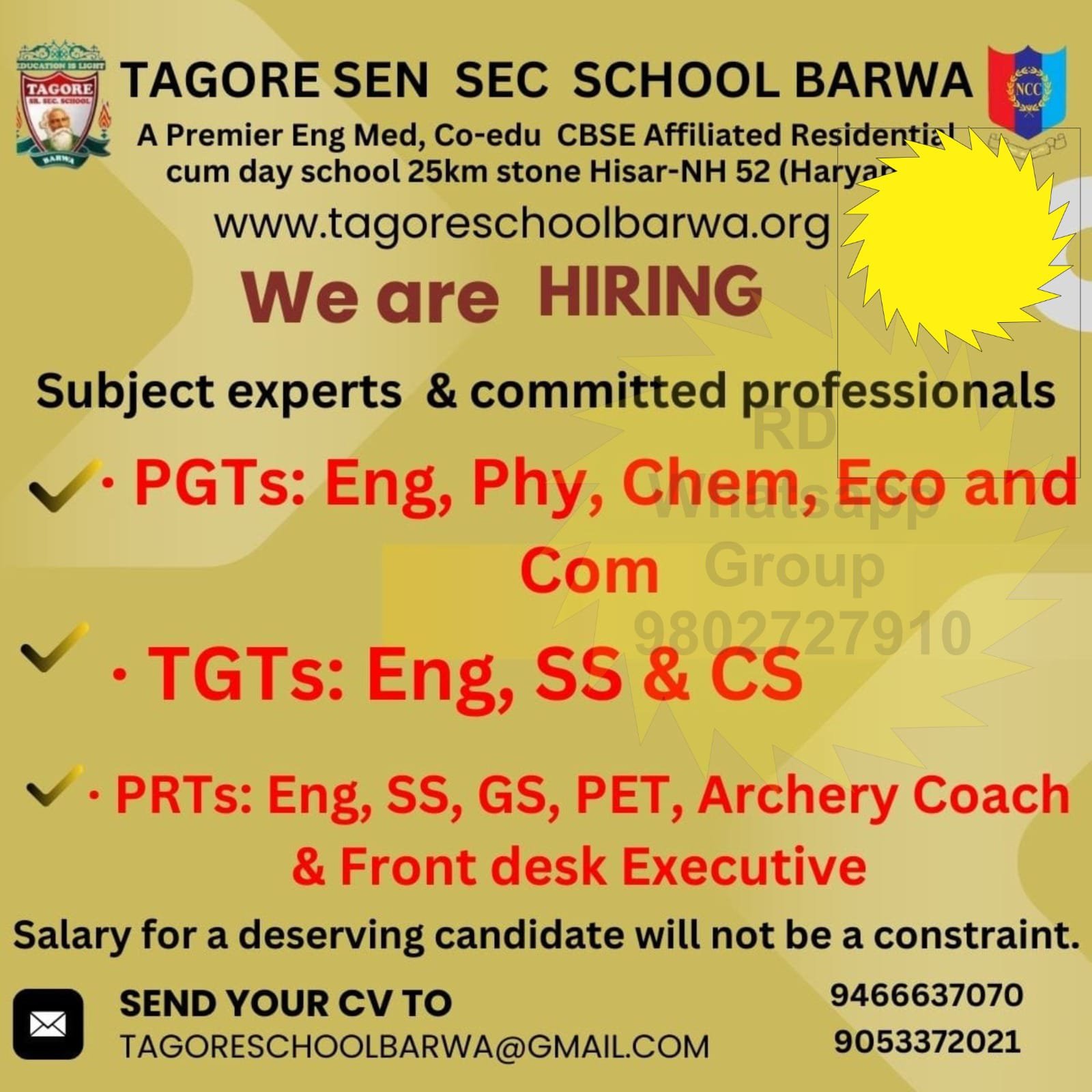 School Jobs at  Tagore Sr Sec School, Hisar-NH 52, Barwa, Haryana  ,  Hisar